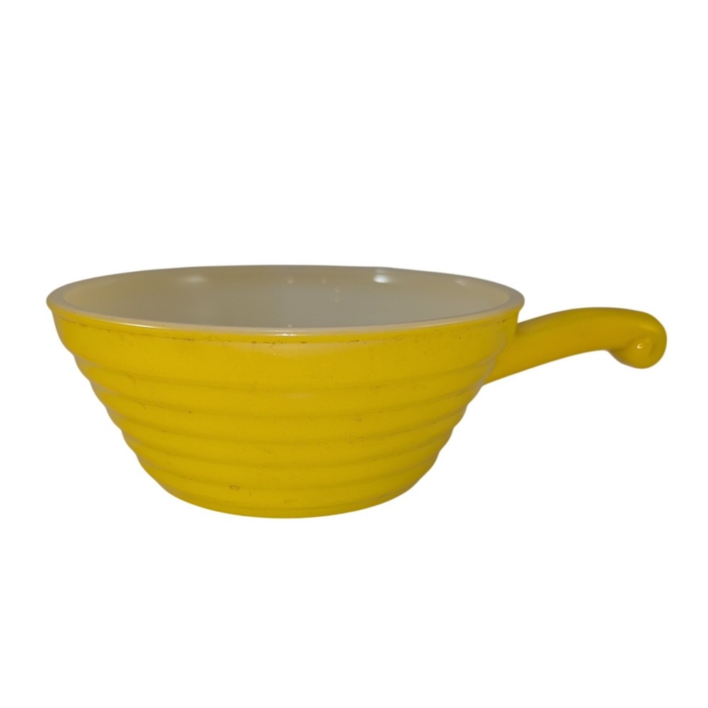 Vintage Fire-King Yellow Beehive Milk Glass Chili Soup Bowl‎ with Handle USA